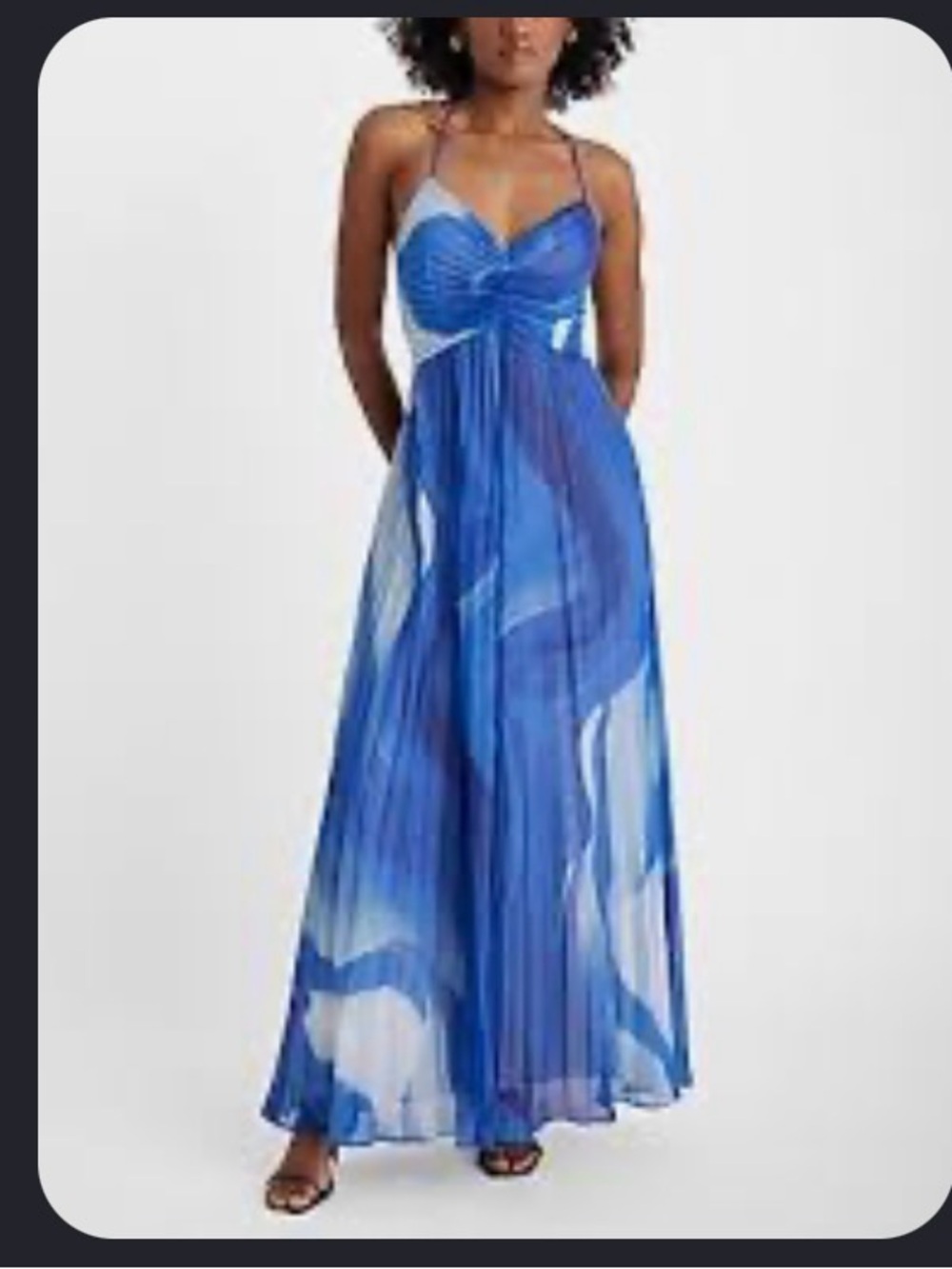 Express Blue Printed Pleated Maxi Dress with Spaghetti Straps